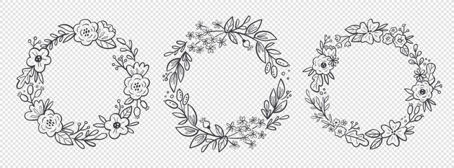 Cute floral wreaths. Hand drawn botanical vector illustration. For greeting cards, wedding invitations, label design... Black and white floral decorative frames.