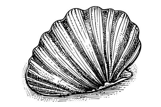 Shell engraved in hand drawn style on white background. Vector sketch