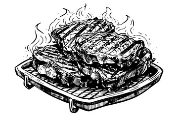 Steak engraved in sketch style on white background. Vintage vector illustration