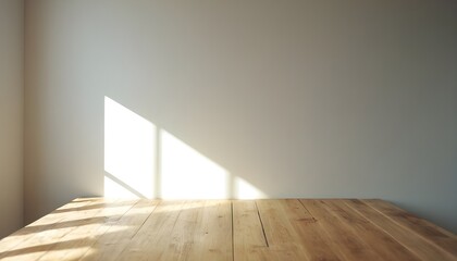 Minimal empty wooden table with sunlight	
