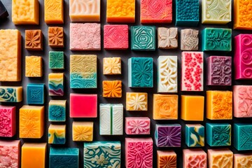 Vibrant, home-made soap bars arranged in an aesthetically pleasing pattern, showcasing intricate designs and colors, capturing the essence of craftsmanship and organic ingredients