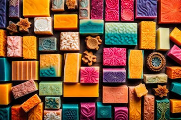 Vibrant, home-made soap bars arranged in an aesthetically pleasing pattern, showcasing intricate designs and colors, capturing the essence of craftsmanship and organic ingredients