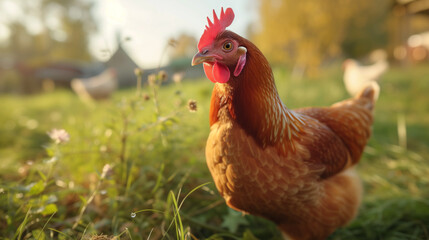 Chicken, farming and agriculture on grass, field or outdoor for free range eating, organic or sustainable farm. Poultry, birds or animal for protein, meat or pet in nature together for sustainability.