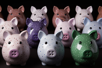 Small sculptures of pigs surrounded by money. Generated by artificial intelligence.