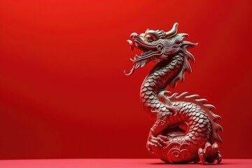 Grey dragon statue on a red background. Happy Chinese New Year with copy space