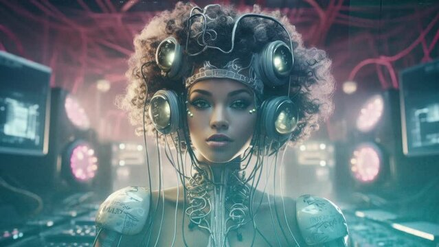 Beautiful technology female robot cyborg made with AI generative art
