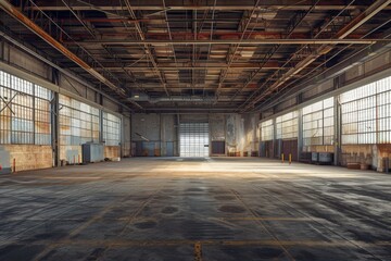 An expansive and well-lit empty warehouse interior, showcasing vast storage space, clean surroundings, and potential for various commercial or industrial concept