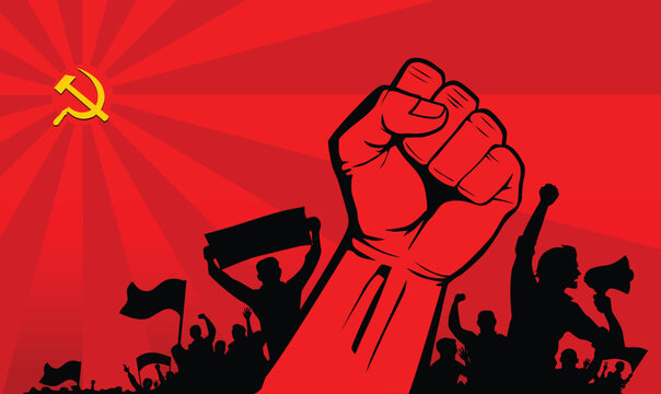 Raised fist street protest  above crowd rebels with flags and streamer. Revolution vector template with hammer and sickle on red background