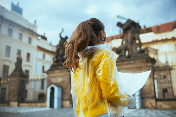 Seen from behind woman in blouse in Prague Czech Republic