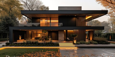 Modern gray stone home with a flat roof - obrazy, fototapety, plakaty