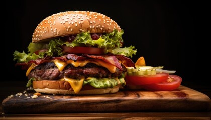 Delicious Burger: Cheeseburger with Juicy Beef, Crispy Bacon, Melting Cheese, and Fresh Toppings on a Wooden Background