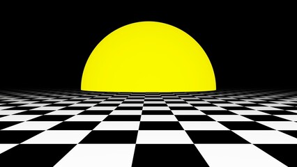 3d Vaporwave landscape with retro sunset, sun and checked black and white floor. 80s or 90s style aesthetic art poster with retro grainy style. Pattern texture - obrazy, fototapety, plakaty