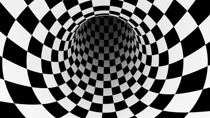 3d abstract Checkered Tunnel black and white. Surreal y2k background retro 80s 90s. Medium size tiles. Magic hypnosis hole