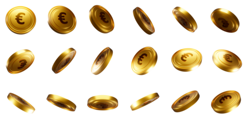 Gold Euro Coins set PNG. Transparent background	
