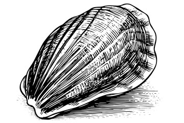 Shell engraved in hand drawn style on white background. Vector sketch - obrazy, fototapety, plakaty