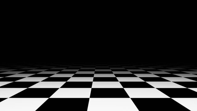 3d abstract black and white checkered board background. Chess tiles black glow blur. Loop animation 4k 30fps