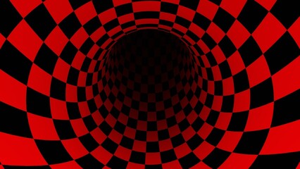 3d red and black checkered tunnel creates a flowing optical illusion background. Surreal visual experience. 