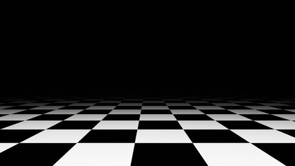 3d abstract black and white checkered board background. Chess tiles black glow blur. - obrazy, fototapety, plakaty