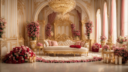 A beautiful room decorated in light tones for Valentine's Day, a wedding, or a birthday.