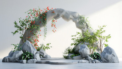 an arch decorated with plants and rocks in - obrazy, fototapety, plakaty