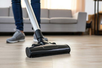 Man using cordless vacuum cleaner to clean laminate flooring - obrazy, fototapety, plakaty