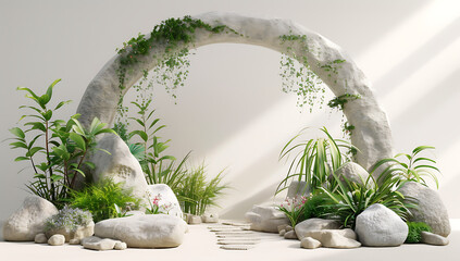 an arch decorated with plants and rocks in - obrazy, fototapety, plakaty