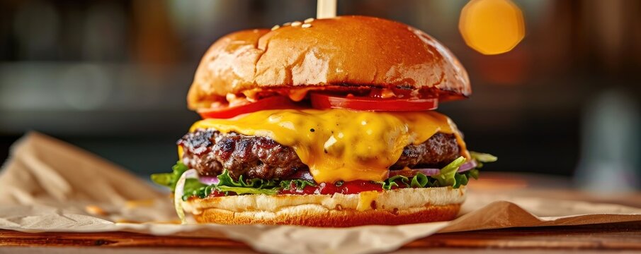 Freshly made tasty looking cheeseburger with beef meat.