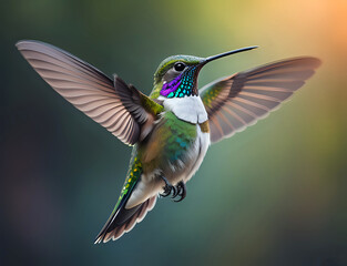 fliegender Kolibri mit blau lila Hals und weißer Brust - obrazy, fototapety, plakaty