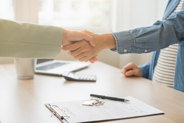Sell agent, success deal asian young woman handshake or shaking hands with landlord realtor, client...
