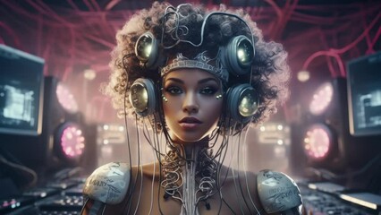 Beautiful technology female robot cyborg made with AI generative art
 - Powered by Adobe