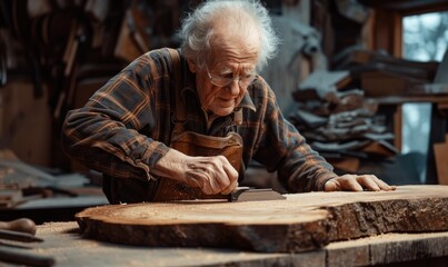 Skilled elderly carpenter plans a wooden board in the workshop with a planer. - obrazy, fototapety, plakaty
