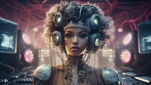 Beautiful technology female robot cyborg made with AI generative art
