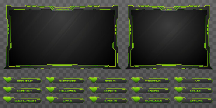 Futuristic Metal and Neon Green Border Live Stream Overlay Webcam Screen Frame and Stream Alert GUI Panels for Gaming and Video Streaming Platforms