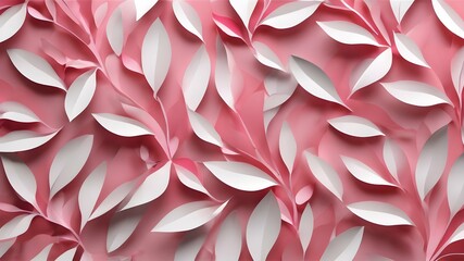 White, pink geometric floral leaves 3d special effects wall texture, floral background illustration banner. Graphic resource abstract, feminine pink tropical leaves, ocean vacation panorama