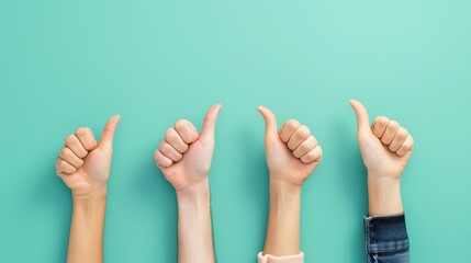 Human hands showing thumbs up isolated on turquoise background. Gesture and body parts concept. - obrazy, fototapety, plakaty
