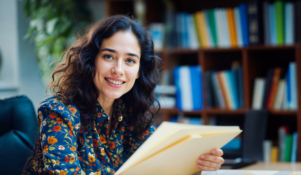 jeune femme souriante assise &agrave; son bureau, en train de tenir des documents - biblioth&egrave;que en fond
