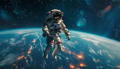 Foto op Canvas an astronaut is floating above the earth in © Dolphine