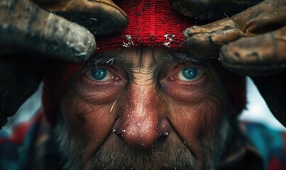 Close-up shot of experienced lumberjack focused eyes.