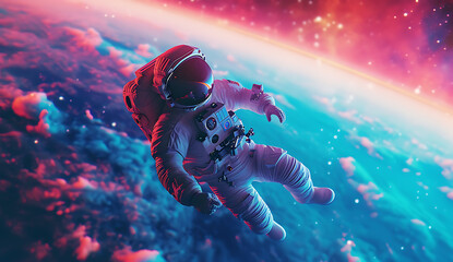 an astronaut is floating above the earth in - obrazy, fototapety, plakaty