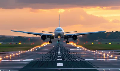 Foto op Plexiglas An airplane is landing on runway,  amazing afternoon sun shining background . © Daniela