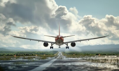Fototapeta premium An airplane is landing on runway, amazing afternoon sun shining background .
