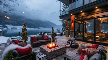 Wide angle view of a large outdoor patio with fireplace with rock pavers. beautiful blue lake and huge mountain with snow on background. - obrazy, fototapety, plakaty