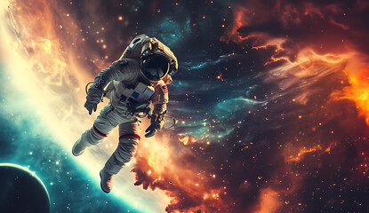 an astronaut is flying above space and a planet in - obrazy, fototapety, plakaty