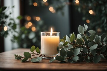 Burning aromatic candle and eucalyptus branch on table