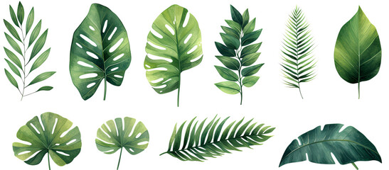 Set of Collection of different palm leaves, monstera, exotic plants on transparent background PNG