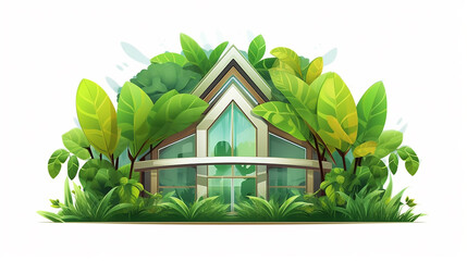 Eco-Friendly Home Icon Surrounded by Lush Trees and Plants in Flat Style on White Background.