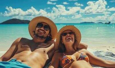 Happy young couple sunbathing on the amazing sandy beach. Happy holiday theme.