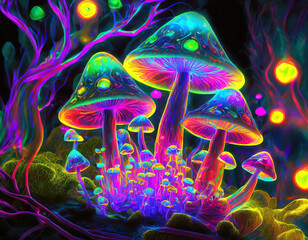 Fototapeta na wymiar Magical neon mysterious mushrooms. Growing microorganisms. Fluorescent psicodelic - generated by ai