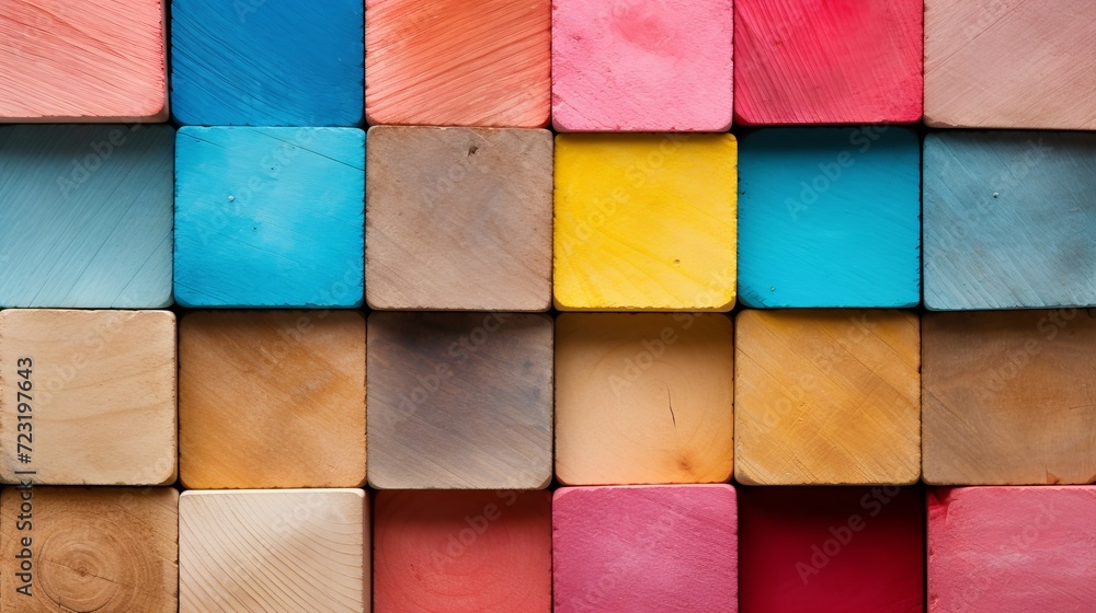 Poster vibrant arrangement of colorful wooden blocks creating a striking wide format background