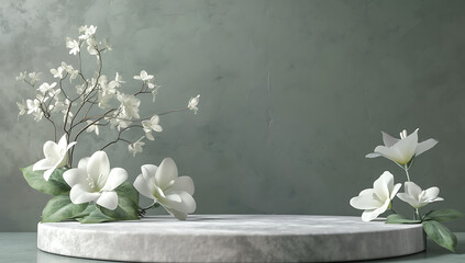 an empty podium with white flower decoration on grey 